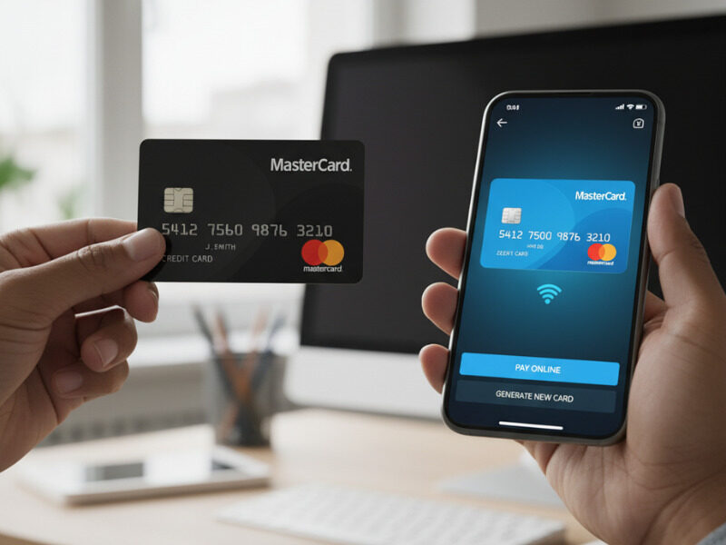 مستر کارت فیزیکی با نمایش مستر کارت روی صفحه موبایل 